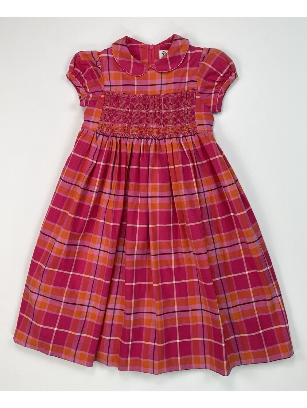 Vintage Lilly Pulitzer White Label Girls Smocked Dress Pink Orange Plaid 8 *read